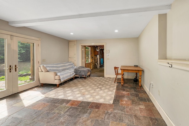 400 Turkey St, Tamworth, NH 03886 - sitting room featuring stone tile flooring, french doors, recessed lighting, and beam ceiling