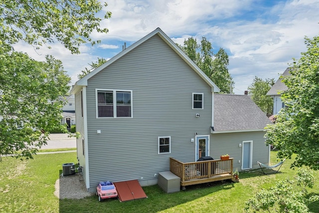 34 Leonard St, Rochester, NH 03867 - back of house with a yard, a wooden deck, and a shingled roof