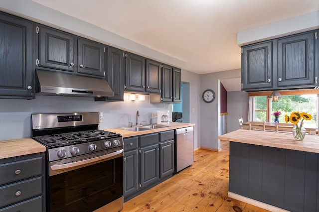 817 York Street Ext, Poultney, VT 05764 - kitchen with appliances with stainless steel finishes, under cabinet range hood, wood counters, and light wood finished floors