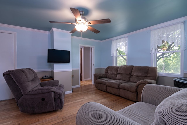 817 York Street Ext, Poultney, VT 05764 - living area with a ceiling fan, light wood finished floors, and crown molding