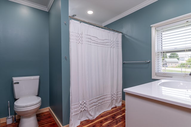 817 York Street Ext, Poultney, VT 05764 - bathroom featuring crown molding, wood finished floors, vanity, a shower with shower curtain, and recessed lighting