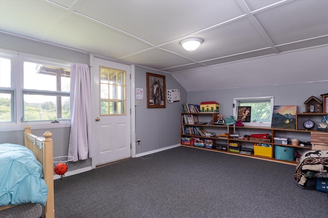 817 York Street Ext, Poultney, VT 05764 - carpeted bedroom featuring vaulted ceiling and baseboards