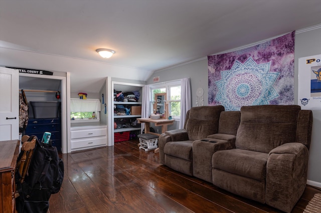 817 York Street Ext, Poultney, VT 05764 - living area with hardwood / wood-style flooring, ornamental molding, and vaulted ceiling