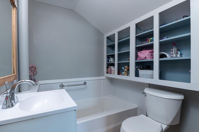 817 York Street Ext, Poultney, VT 05764 - bathroom featuring a garden tub, vanity, lofted ceiling, and built in features
