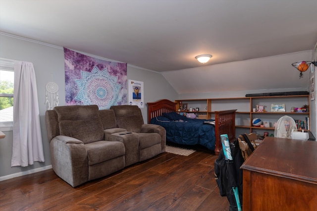 817 York Street Ext, Poultney, VT 05764 - bedroom with dark wood finished floors, ornamental molding, and vaulted ceiling