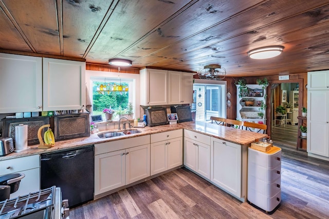 1307 Lime Kiln Rd, Haverhill, NH 03780 - kitchen featuring dishwasher, a peninsula, white cabinets, dark wood-style floors, and light stone countertops