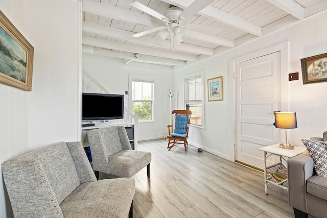 15 Ocean Blvd, Hampton, NH 03842 - living area featuring light wood-style flooring, ceiling fan, and a wooden ceiling with exposed beams