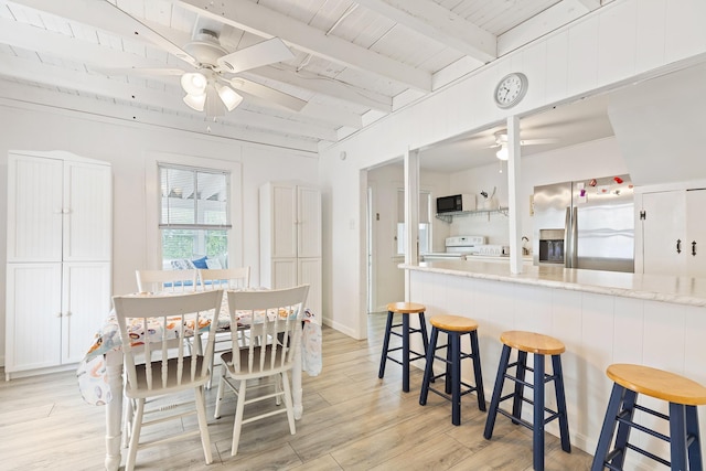 15 Ocean Blvd, Hampton, NH 03842 - dining room featuring ceiling fan, light wood finished floors, and a wood ceiling with exposed beams