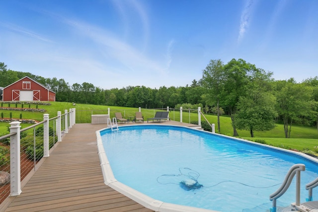 84 Shaw Rd, Northfield, NH 03276 - swimming pool with a barn, a yard, an outdoor structure, and view of wooded area