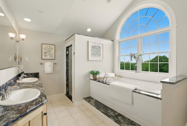 84 Shaw Rd, Northfield, NH 03276 - bathroom with a garden tub, double vanity, tile patterned flooring, a shower stall, and recessed lighting