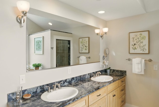 84 Shaw Rd, Northfield, NH 03276 - full bathroom with double vanity, a shower, and recessed lighting
