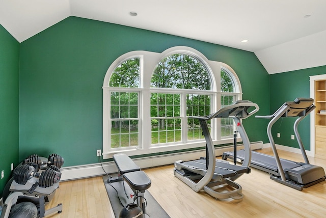 84 Shaw Rd, Northfield, NH 03276 - exercise room featuring lofted ceiling and wood finished floors