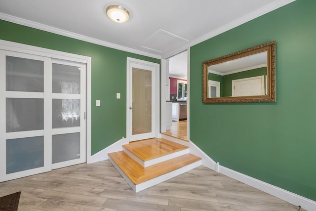 397 Strafford Rd, Strafford, NH 03844 - hallway with ornamental molding, attic access, and wood finished floors