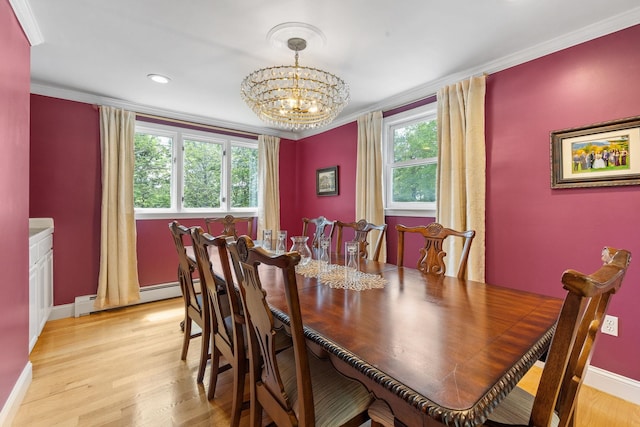 397 Strafford Rd, Strafford, NH 03844 - dining space featuring crown molding, a chandelier, baseboard heating, light wood-style flooring, and recessed lighting