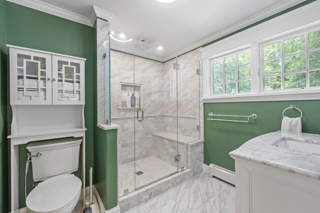 397 Strafford Rd, Strafford, NH 03844 - full bathroom featuring ornamental molding, marble finish floors, a baseboard heating unit, a shower stall, and vanity