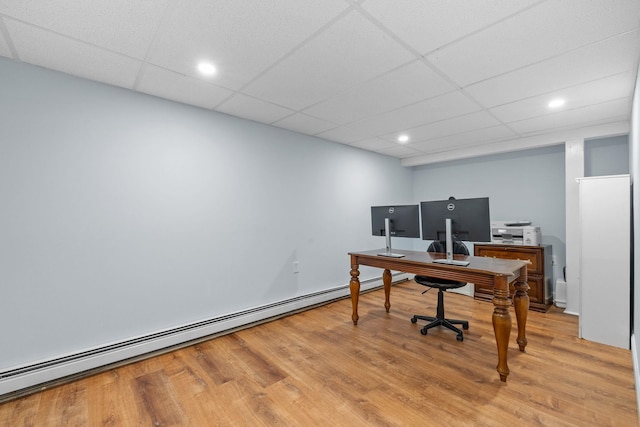 397 Strafford Rd, Strafford, NH 03844 - home office with a baseboard radiator, light wood finished floors, a drop ceiling, and recessed lighting