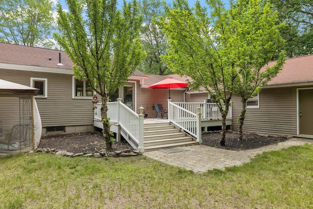 397 Strafford Rd, Strafford, NH 03844 - back of property with a deck, a lawn, a gazebo, and a shingled roof