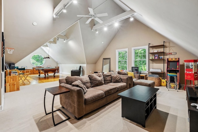 6 Walters Way, Exeter, NH 03833 - carpeted living room featuring rail lighting, vaulted ceiling, billiards table, and a ceiling fan