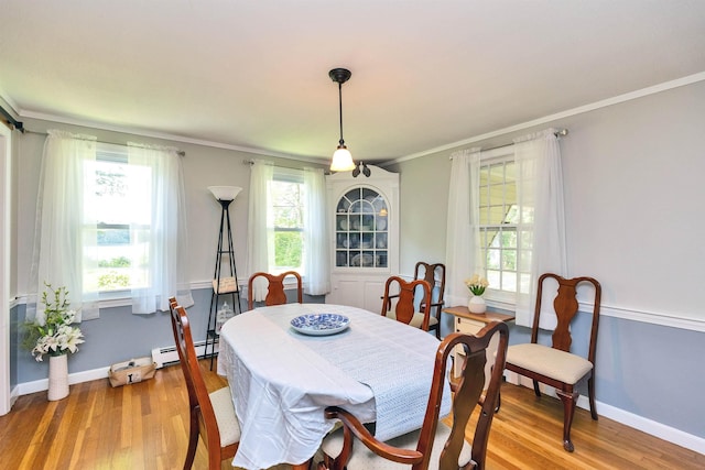 76 Cunningham Pond Rd, Peterborough, NH 03458 - dining space featuring ornamental molding, a baseboard heating unit, light wood-type flooring, and healthy amount of natural light