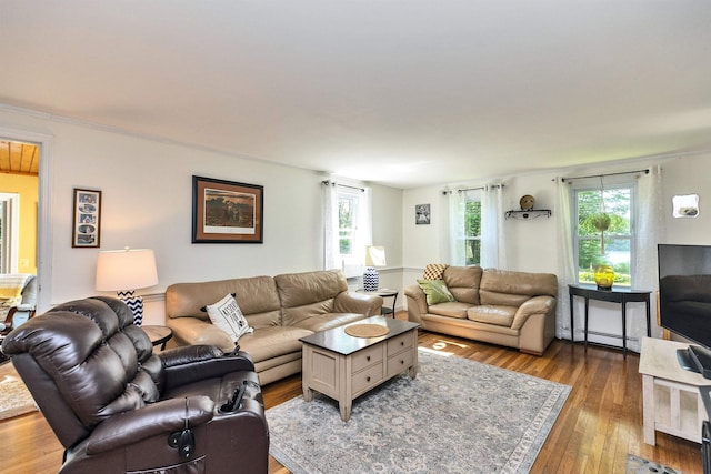76 Cunningham Pond Rd, Peterborough, NH 03458 - living room featuring plenty of natural light, wood-type flooring, and a baseboard heating unit