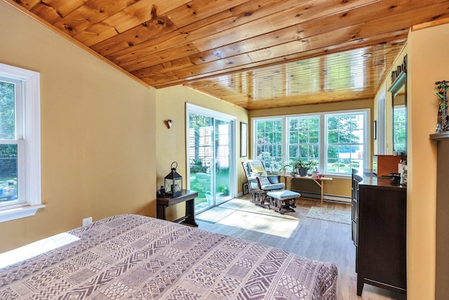 76 Cunningham Pond Rd, Peterborough, NH 03458 - bedroom with wooden ceiling, light wood-style flooring, access to exterior, and a baseboard radiator