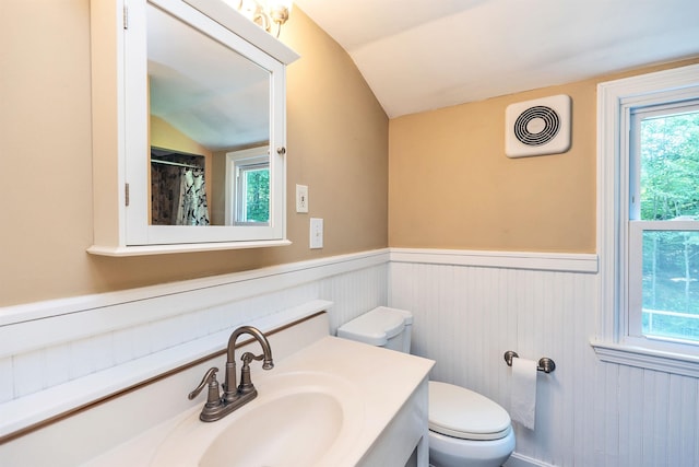 76 Cunningham Pond Rd, Peterborough, NH 03458 - bathroom with lofted ceiling, a wainscoted wall, vanity, and a shower with curtain