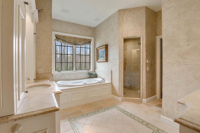 44 Buker Way, New London, NH 03257 - bathroom featuring a bath, a shower stall, tile patterned flooring, and vanity