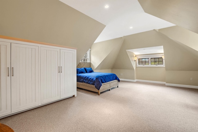 44 Buker Way, New London, NH 03257 - bedroom featuring carpet flooring, lofted ceiling, and recessed lighting