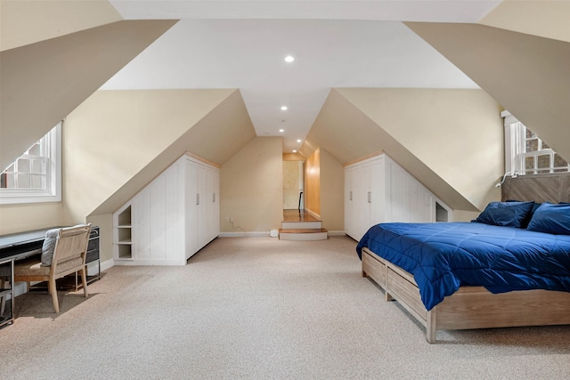 44 Buker Way, New London, NH 03257 - bedroom with light colored carpet, lofted ceiling, and recessed lighting