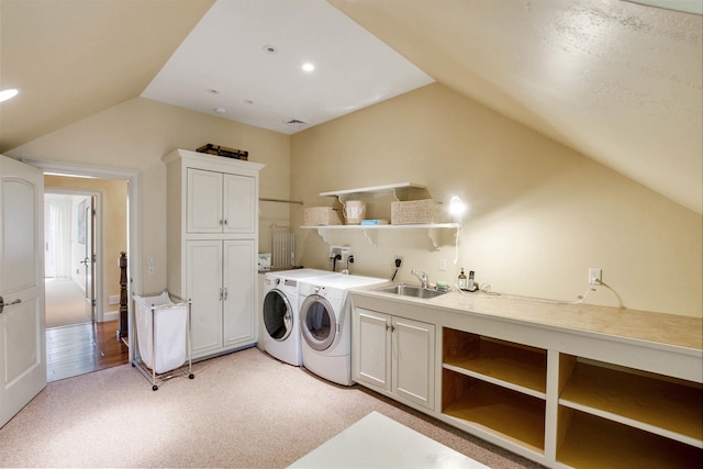 44 Buker Way, New London, NH 03257 - laundry room featuring cabinet space, separate washer and dryer, light colored carpet, and recessed lighting