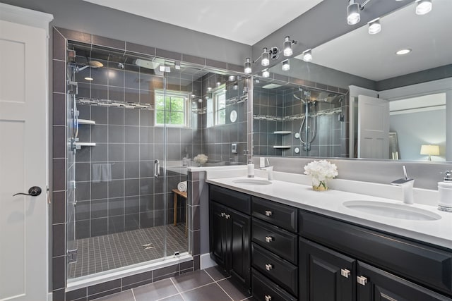 74 Childs Dr, Dover, NH 03820 - full bathroom featuring double vanity, tile patterned flooring, and a shower stall