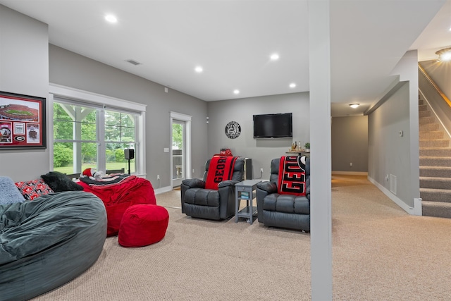 74 Childs Dr, Dover, NH 03820 - living room with stairs, carpet, and recessed lighting