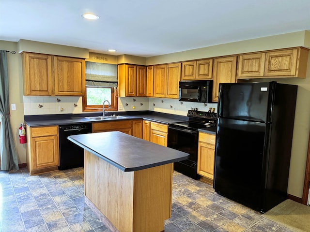 257 Crane St, Littleton, NH 03561 - kitchen with black appliances, dark countertops, tasteful backsplash, stone finish flooring, and recessed lighting