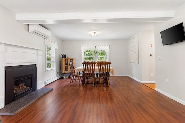 11 Parkside Dr, Pelham, NH 03076 - dining area with a wall mounted AC, healthy amount of natural light, a fireplace with raised hearth, wood finished floors, and beam ceiling