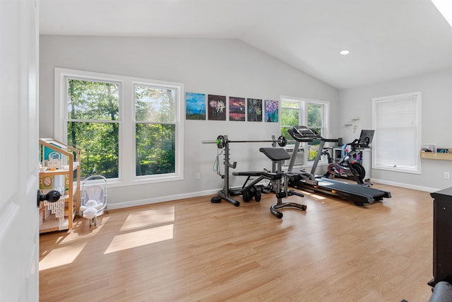 11 Parkside Dr, Pelham, NH 03076 - exercise room with lofted ceiling, wood finished floors, and recessed lighting