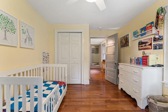 450 Ryan Rd, Duxbury, VT 05676 - bedroom featuring wood finished floors, a closet, ceiling fan, and a crib