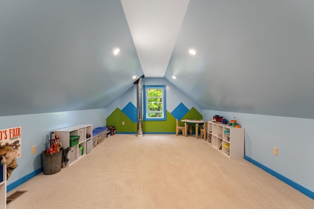 450 Ryan Rd, Duxbury, VT 05676 - rec room featuring carpet flooring, vaulted ceiling, and recessed lighting