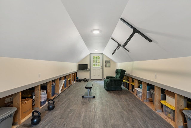 450 Ryan Rd, Duxbury, VT 05676 - exercise area featuring wood finished floors and vaulted ceiling