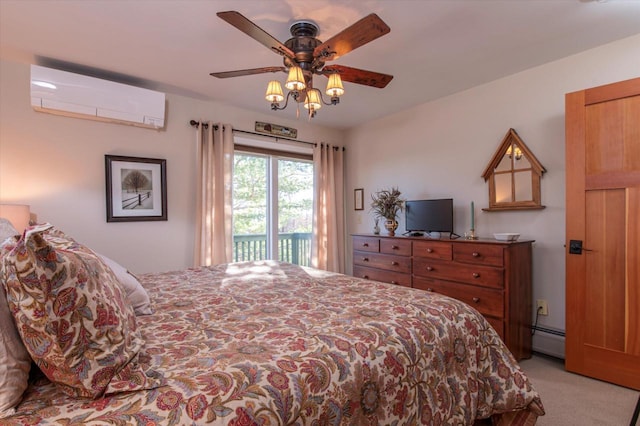 36 Lower Iv Unit 48A, Ludlow, VT 05149 - bedroom with a wall mounted AC, a baseboard radiator, access to exterior, light colored carpet, and ceiling fan