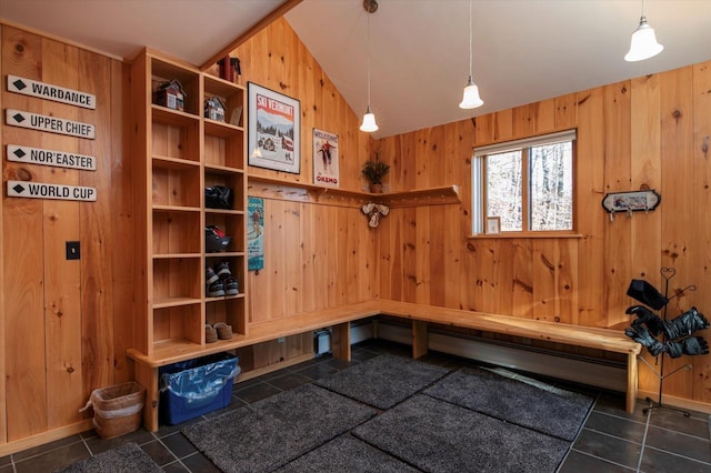36 Lower Iv Unit 48A, Ludlow, VT 05149 - mudroom featuring wooden walls, tile patterned floors, and lofted ceiling