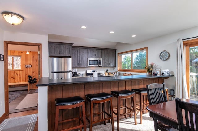 36 Lower Iv Unit 48A, Ludlow, VT 05149 - kitchen with appliances with stainless steel finishes, plenty of natural light, dark countertops, dark brown cabinetry, and recessed lighting