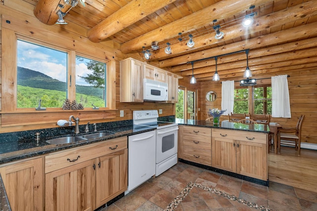 203 Orris Rd, Thornton, NH 03285 - kitchen with white appliances, a peninsula, a wooden ceiling with exposed beams, hanging light fixtures, and light brown cabinets