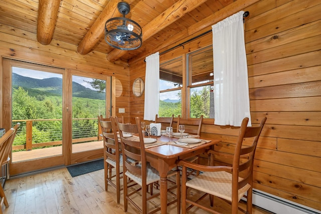 203 Orris Rd, Thornton, NH 03285 - dining area featuring a wooden ceiling with exposed beams, light wood-type flooring, wood walls, and a mountain view