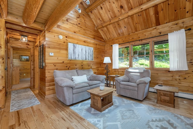 203 Orris Rd, Thornton, NH 03285 - living room featuring light wood finished floors, wood ceiling, wooden walls, baseboard heating, and a baseboard heating unit