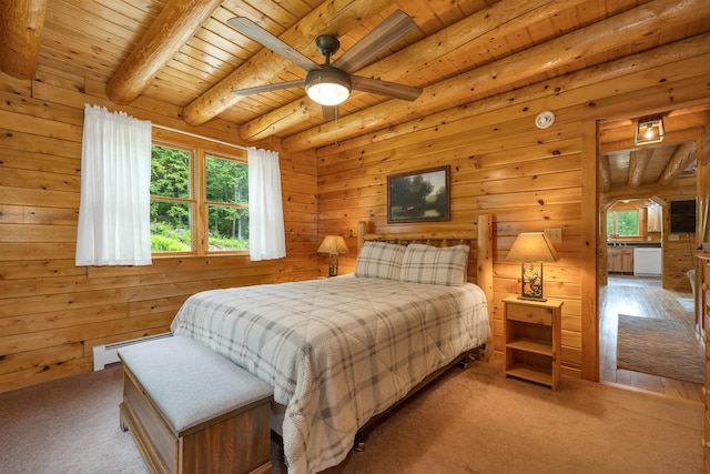 203 Orris Rd, Thornton, NH 03285 - bedroom with a wood ceiling with exposed beams, light colored carpet, a baseboard heating unit, and wooden walls