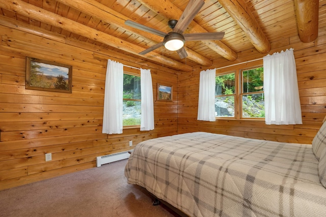 203 Orris Rd, Thornton, NH 03285 - carpeted bedroom with a baseboard radiator, a wood ceiling with exposed beams, and wooden walls