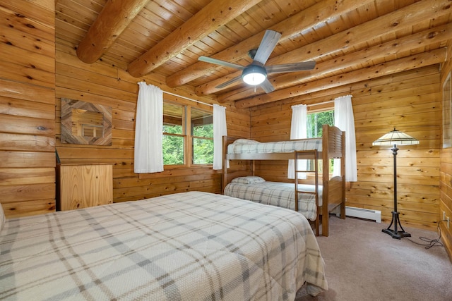 203 Orris Rd, Thornton, NH 03285 - bedroom featuring carpet flooring, a wood ceiling with exposed beams, and wooden walls