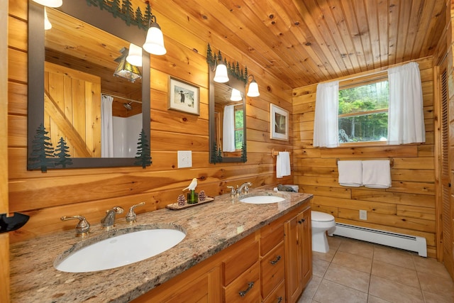 203 Orris Rd, Thornton, NH 03285 - bathroom featuring a baseboard radiator, tile patterned floors, double vanity, wooden walls, and curtained shower