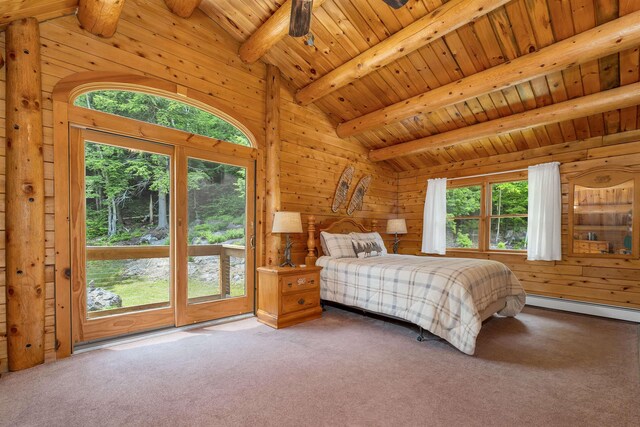 203 Orris Rd, Thornton, NH 03285 - bedroom with wood walls, a baseboard radiator, carpet flooring, and wood ceiling