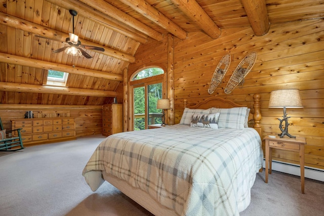 203 Orris Rd, Thornton, NH 03285 - carpeted bedroom with baseboard heating, wood ceiling, wooden walls, a skylight, and access to outside